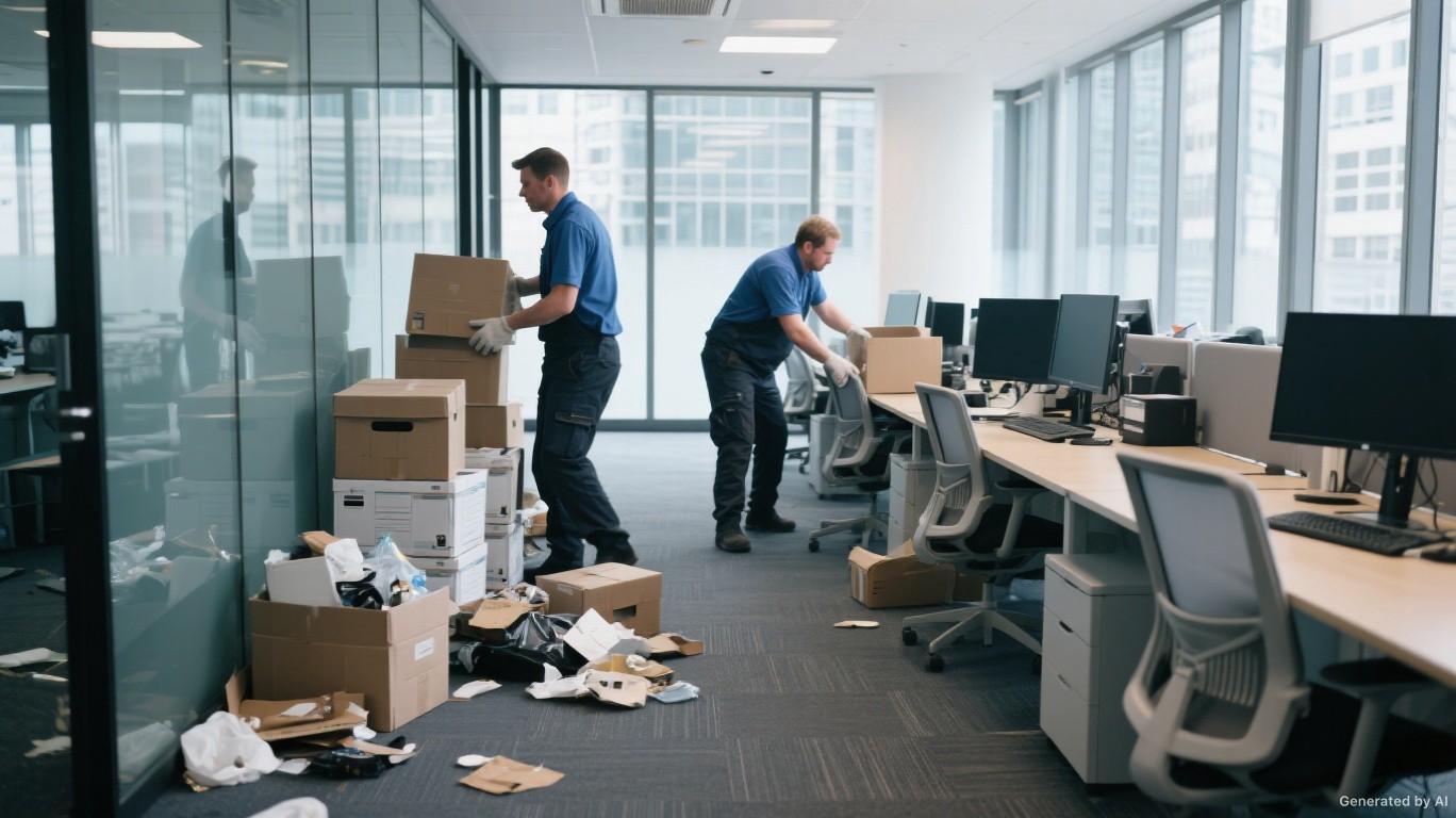 Office clearance team stripping a full Central Knightsbridge SW7 corporate office floor of desks, chairs, and general business waste — Office Clearance London