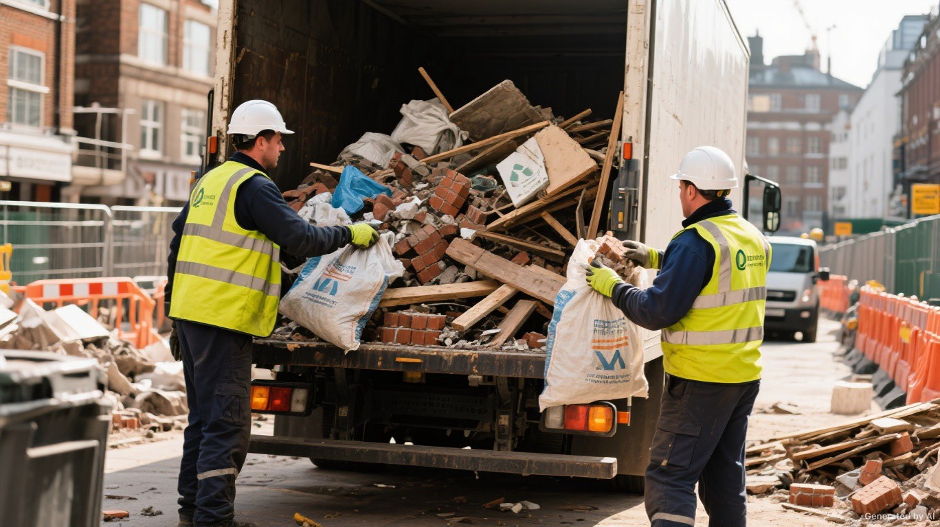 Construction waste clearance crew loading rubble, timber, and builders bags from an active Knightsbridge SW7 building site — Construction Waste Removal