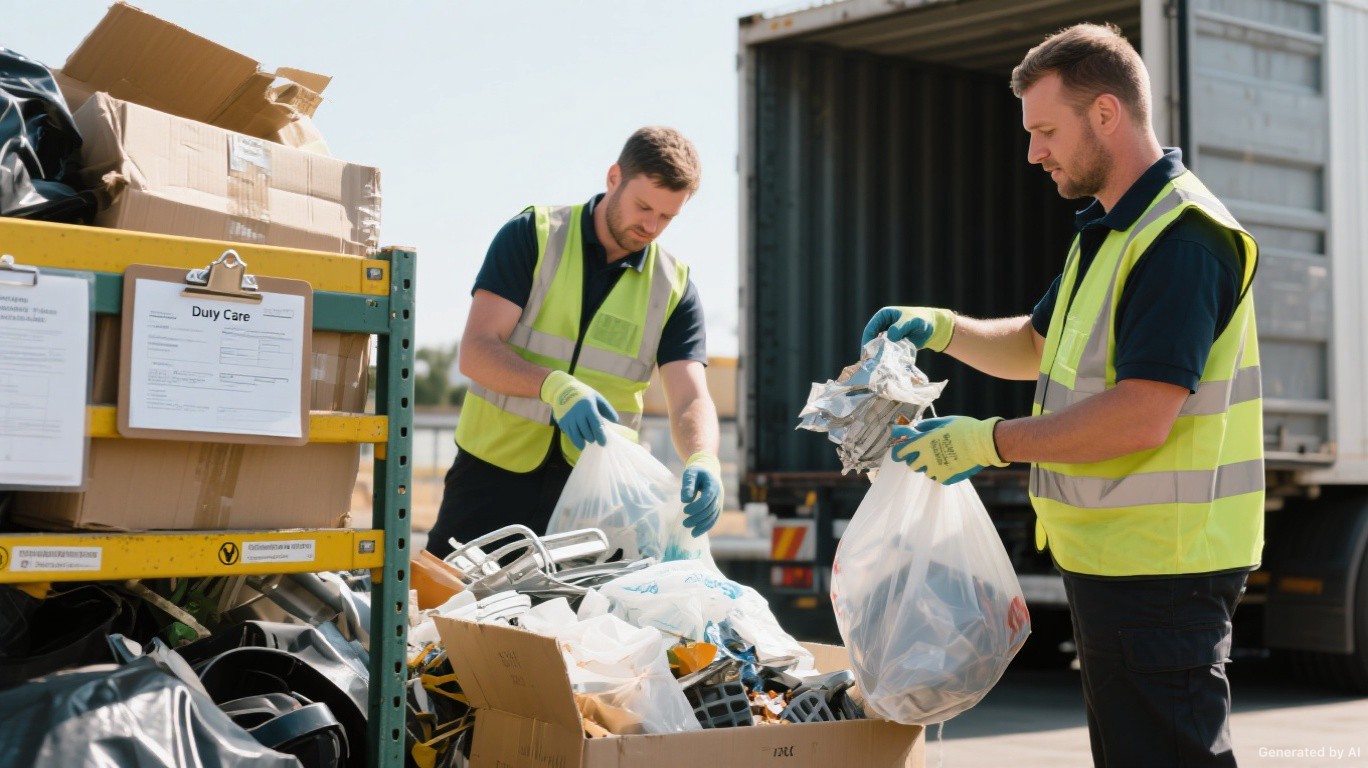 Licensed waste disposal operatives bagging and sorting separated waste streams with Duty of Care transfer paperwork ready for documented licensed disposal