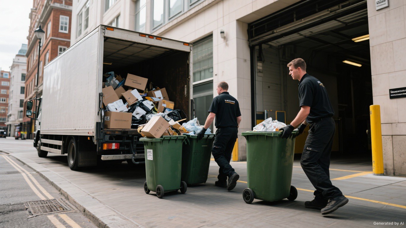 Commercial clearance crew collecting general business waste and wheelie bins from a Central Knightsbridge SW7 loading bay — Commercial Waste Collection