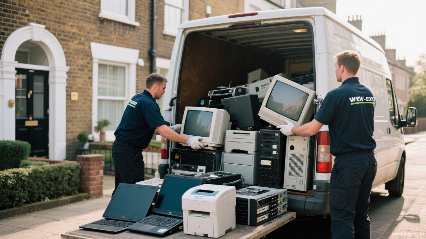 WEEE and e-waste collection team loading monitors laptops and printers from a London home office