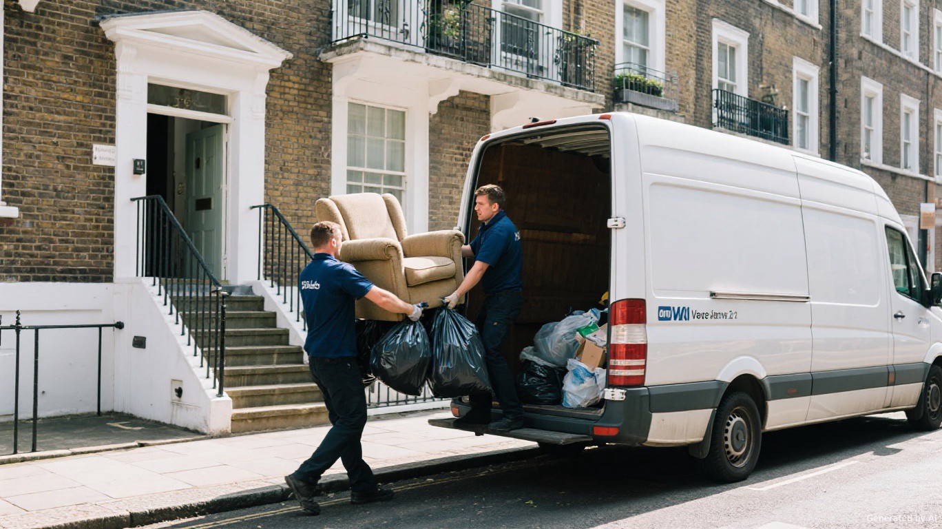Two-person man and van rubbish removal crew carrying armchair and bin bags directly down stairs from inside a Knightsbridge SW7 flat to the van with no skip needed