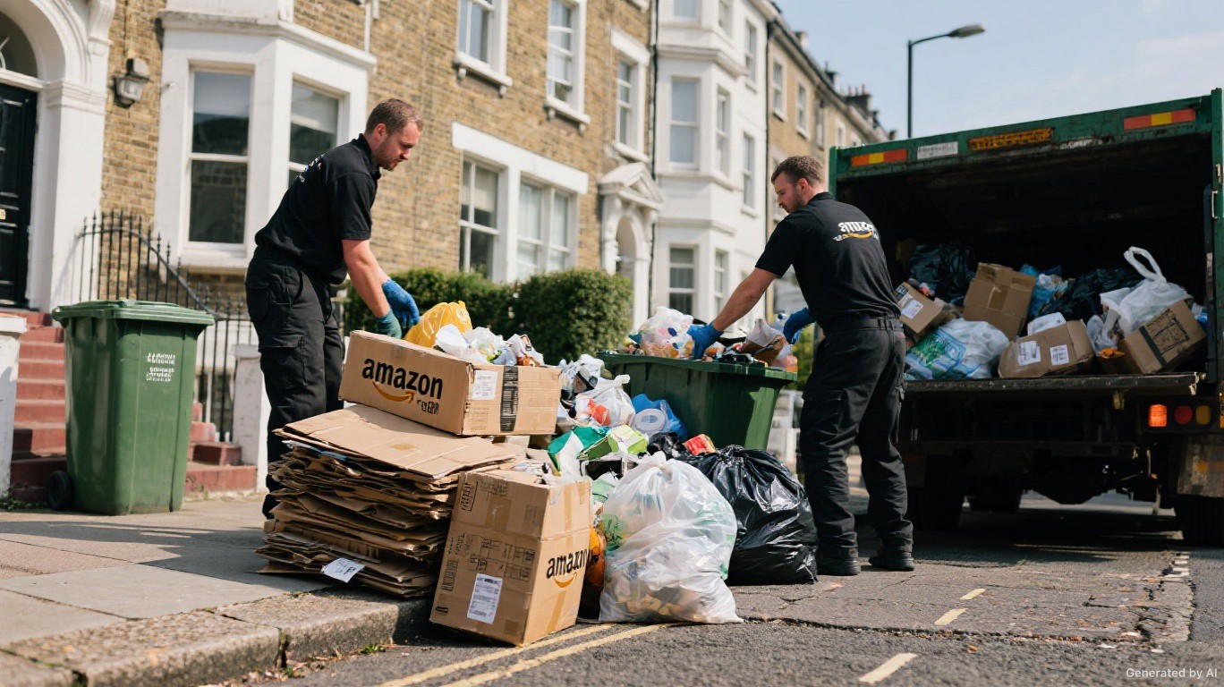 Waste removal team collecting general household and small-trade bagged waste and stacked cardboard from kerbside outside a Knightsbridge SW7 Victorian property