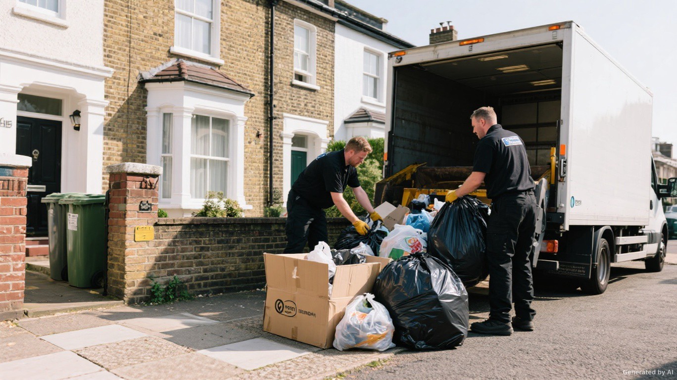 Rubbish removal crew loading mixed household bags, loose waste, and carrier bags from a Knightsbridge SW7 residential driveway onto a modern tipper van