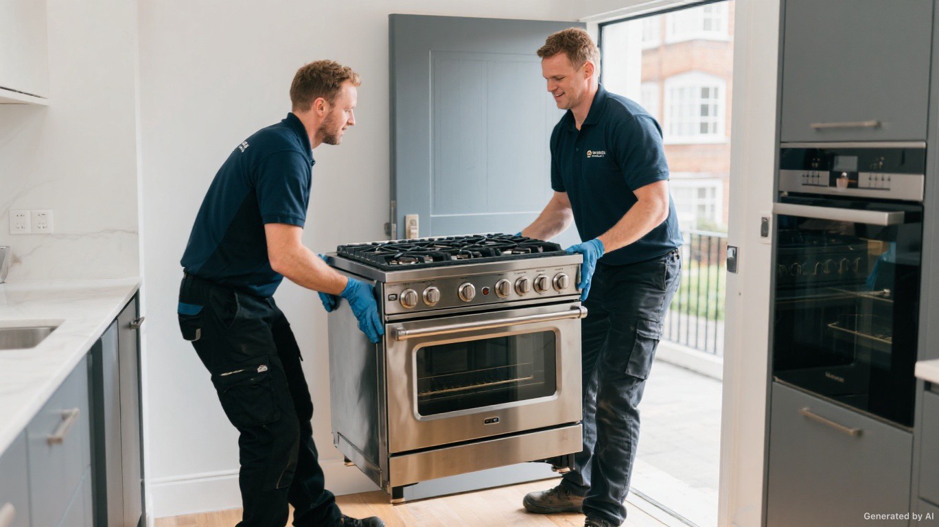 Cooker removal team carefully lifting a heavy stainless steel range cooker from a London kitchen