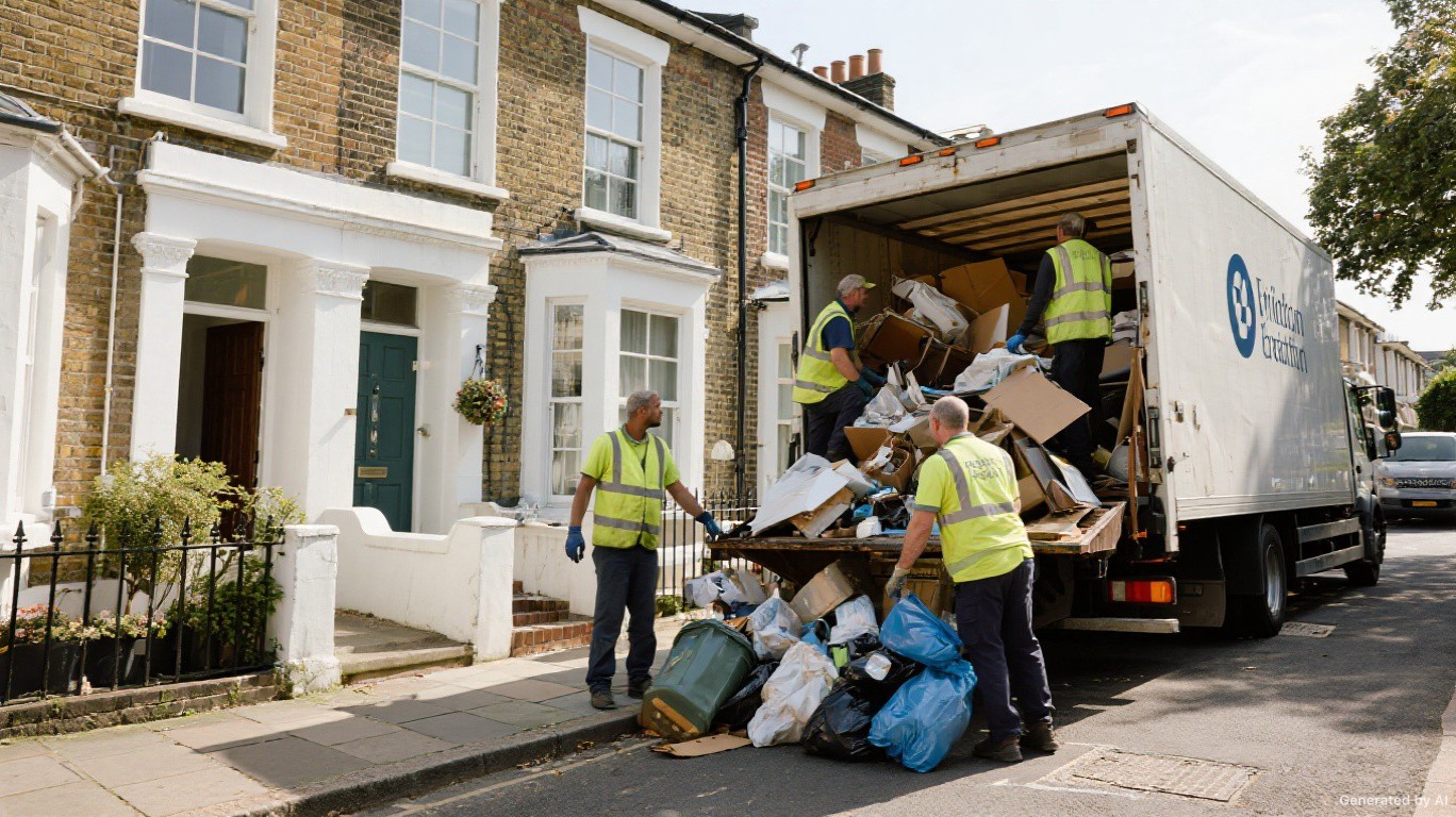 Professional waste clearance team loading premium furniture on a Knightsbridge street